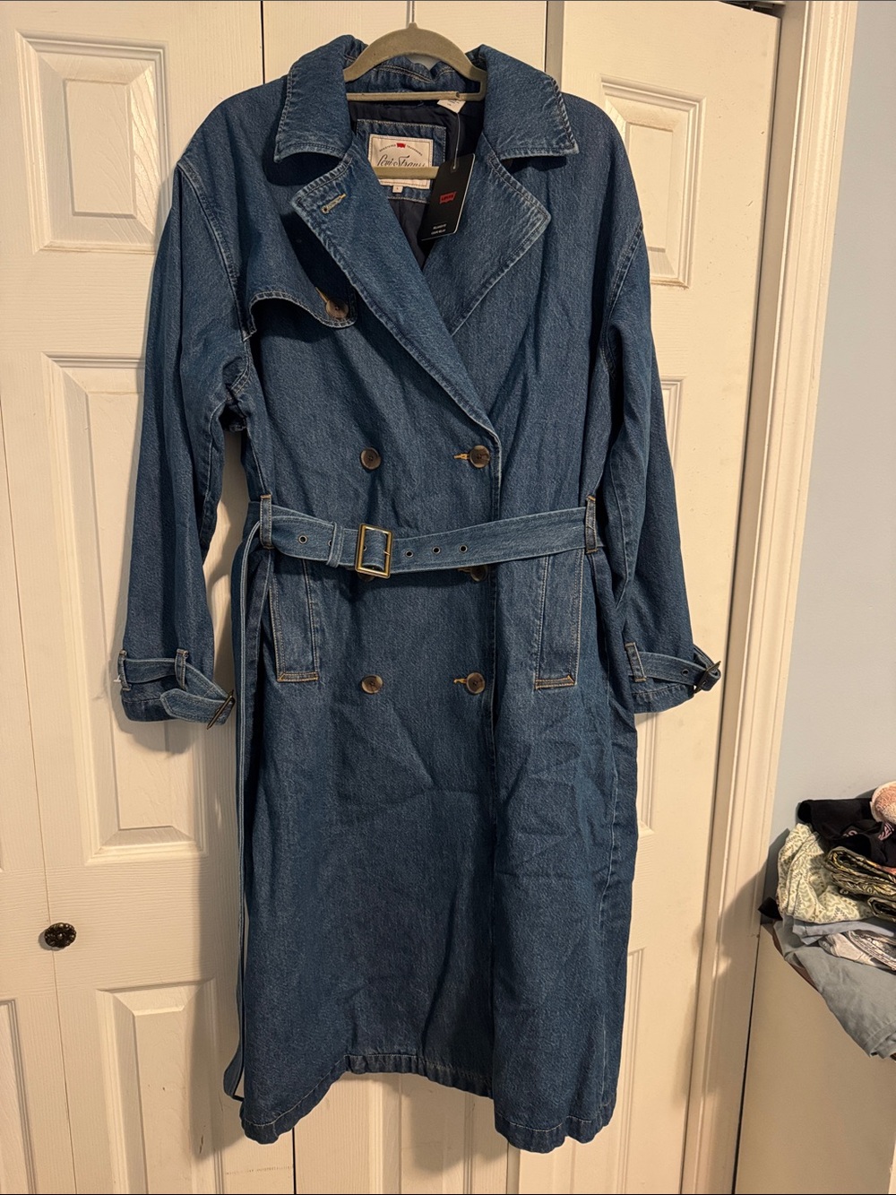 Levi Strauss Denim Trench Coat - Blue Double-Breasted Belted